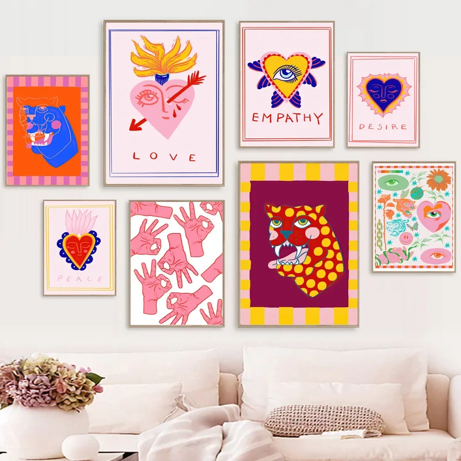 

Abstract Pink Leopard Eyes Hand Heart Tiger Flower Canvas PaintingWall Art Print Nordic Poster Decor Pictures For Living Room
