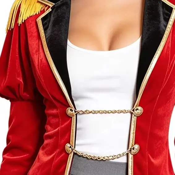 Chaqueta de circo para mujer, estilo maestra de ceremonias, con mangas abullonadas, cuello de solapa, borlas en los hombros, botones de cadena, para cosplay de Halloween