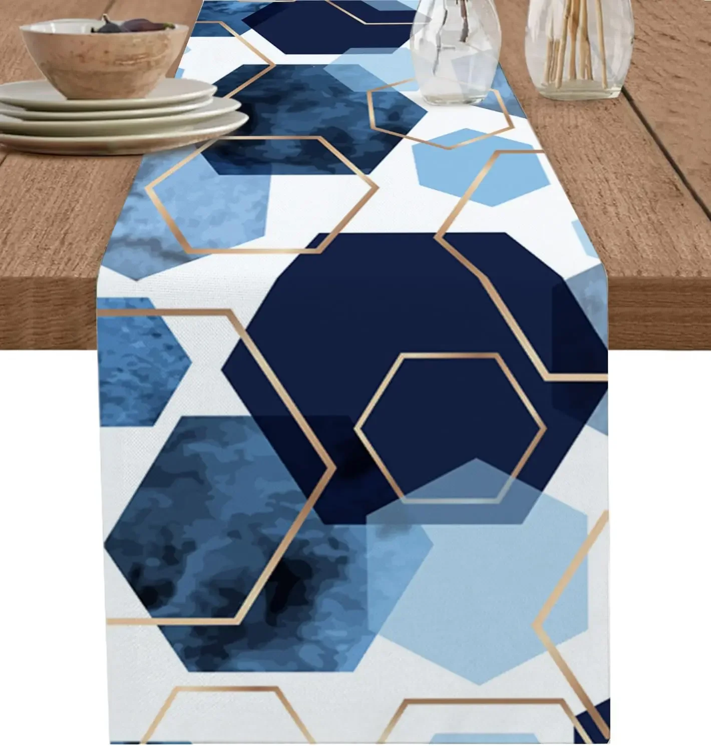 1Pc Modern Geometric Style Table Runner Navy Blue And Light Blue With Gold Lines Hexagon Watercolor Print Table Cover For Dining