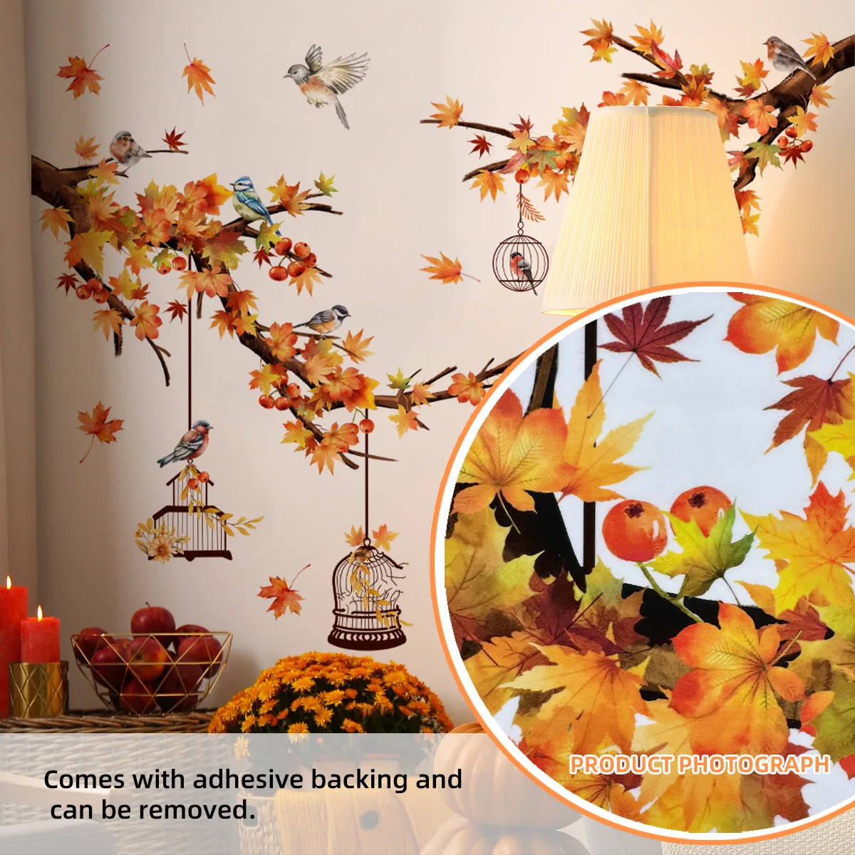Autumn Branches Flowers Birds Wall Sticker Living Room Background Decor Bedroom Decoration Self-adhesive Home Beautify Wallpaper