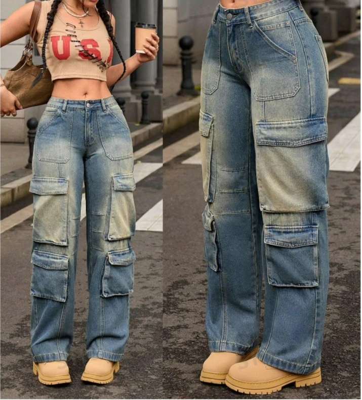 2025 Autumn and Winter New Heavy Industry Retro Multi Pocket Work Pants Straight Leg Jeans