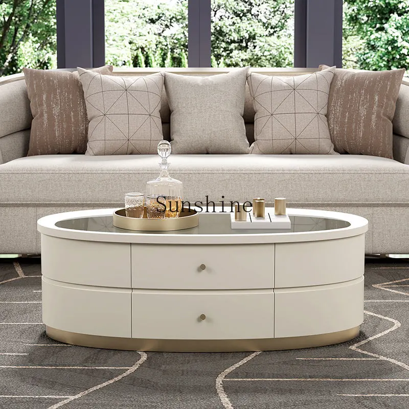 

American light luxury modern simple white coffee table coffee living room oval solid wood glass