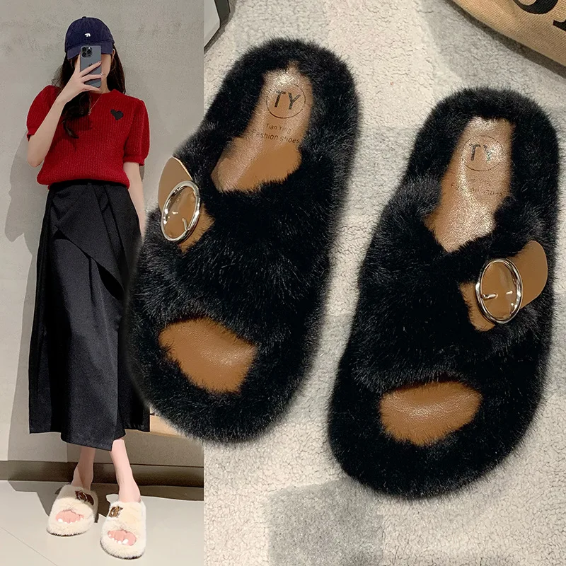 Warm Fluffy Slippers Women'S Plush Slippers Comfortable Belt Buckle  Faux Fur Cross Indoor Floor Slippers Flat Soft Fur Shoes