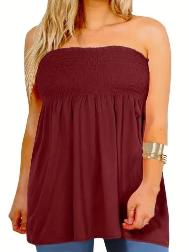 Plus Size sexy tube top, women's solid ribbed slightly elastic pleated tube top