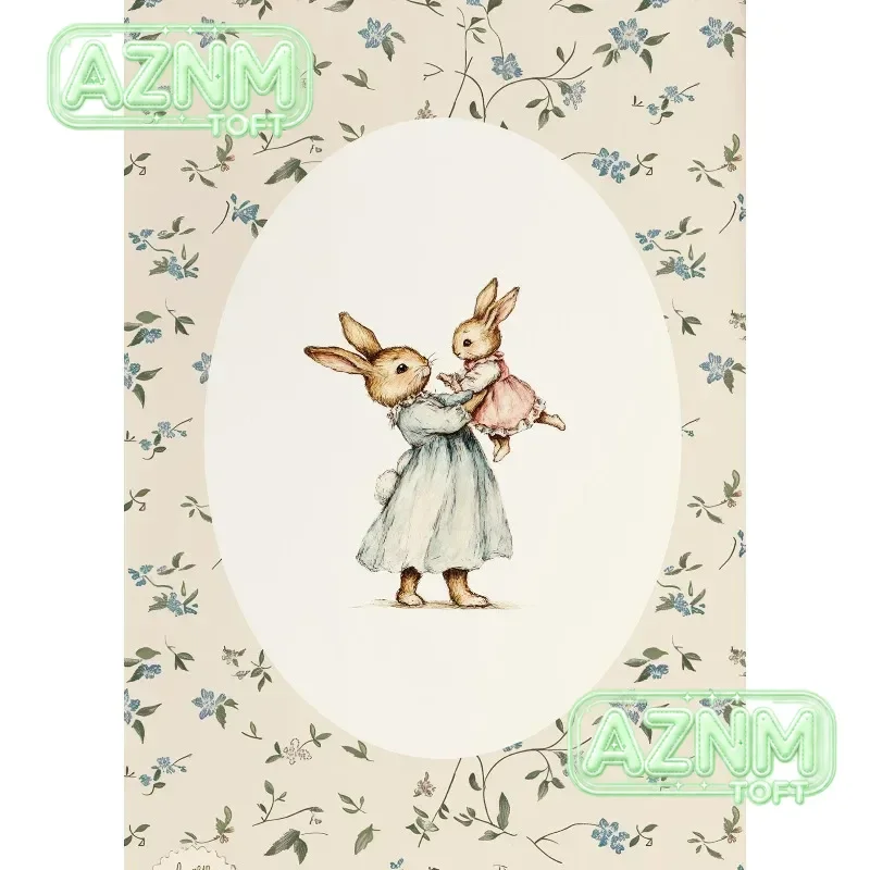 （2D Canvas painting） Vintage Carousel Hot Air Ballon Floral Rabbit Mother&Baby Girlhood Poster Canvas Painting Wall Art Pictu