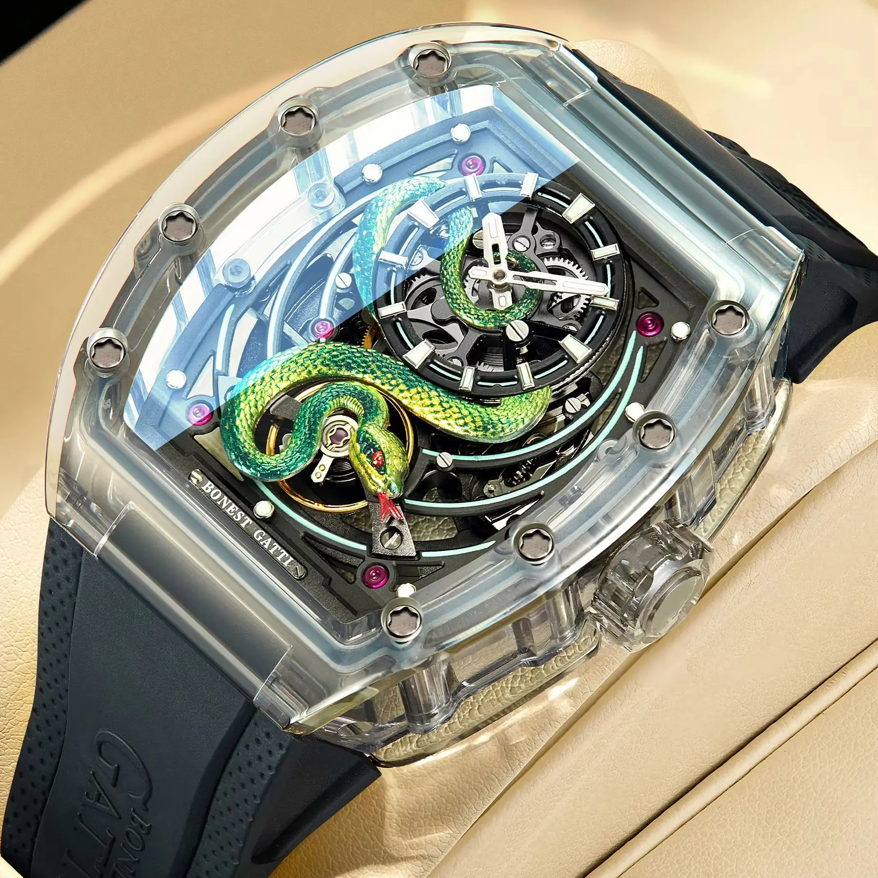 BONEST GATTI Мужские автоматические часы 50 мм Tonneau Механические наручные часы Акриловый корпус Водонепроницаемое сапфировое зеркало Светящийся змеиный циферблат