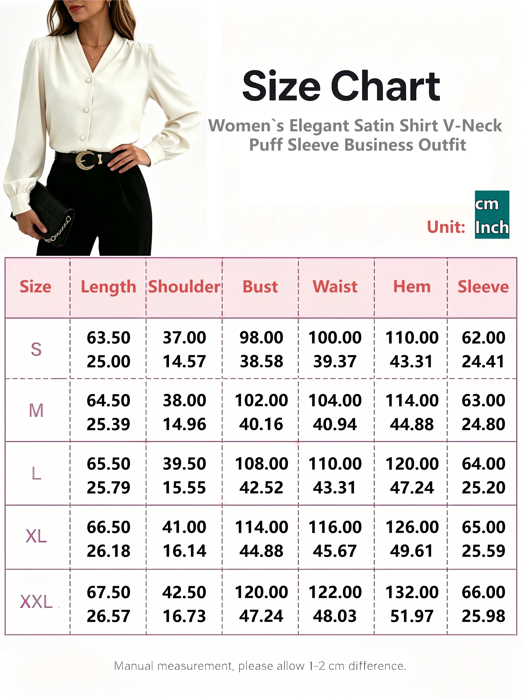Damen-Satinbluse mit Puffärmeln, langärmelig, weiß, für das Büro, Herbst, elegant, V-Ausschnitt, Perlenknöpfe, lockere Passform, Business-Casual-Oberteil – Detail 1