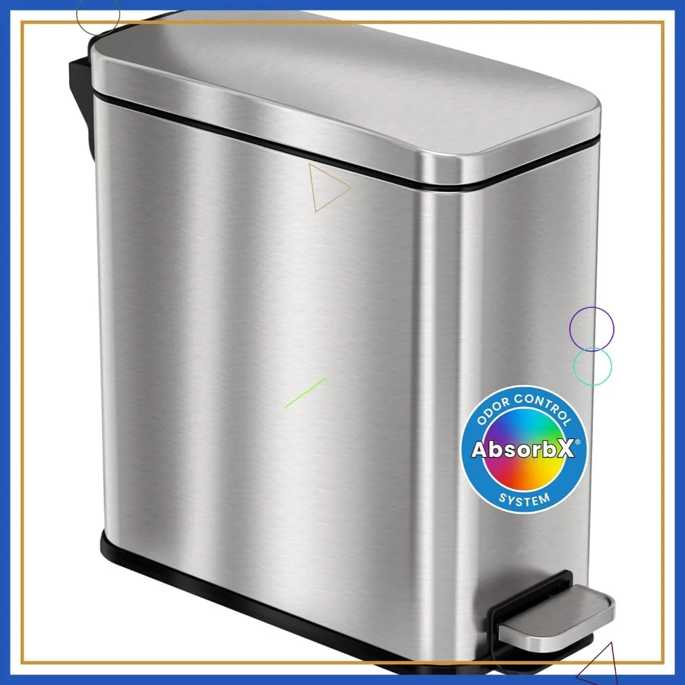 

Slim Stainless Steel Trash Can with Odor Filter, Soft-Close Lid & Foot Pedal for Small Spaces