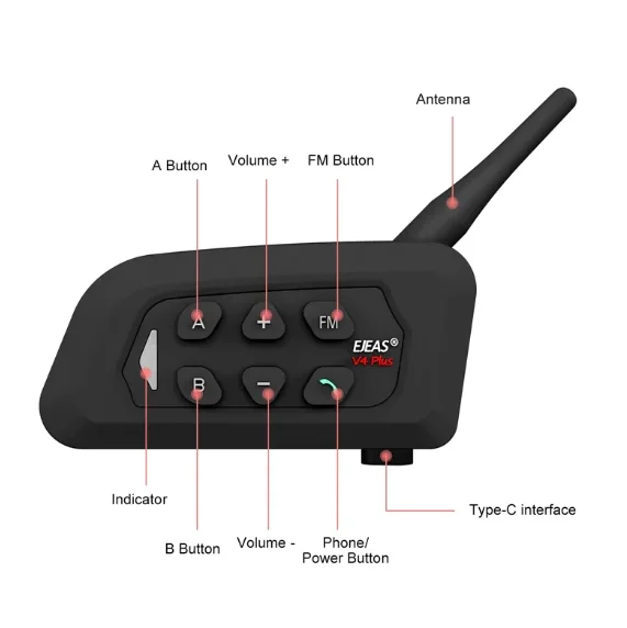 Ejeas V4 Plus 4-Fahrer-Kommunikations-Intercom Motorradhelm BT-Intercom