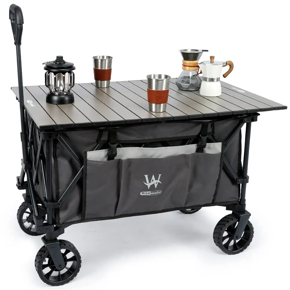

Folding Collapsible Utility Wagon, 400Lbs Heavy Duty Outdoor Park Beach Wagon With Table And Side Pocket For Garden Camping