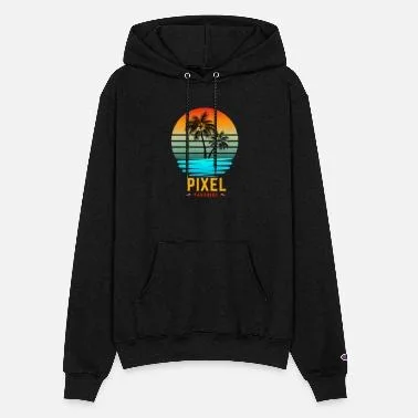

Retro - Inspired Pixel Cotton Hoodie，Featuring A Nostalgic Sunset with Palm Trees Graphic and The “PIXEL” Text Tropical Scenery