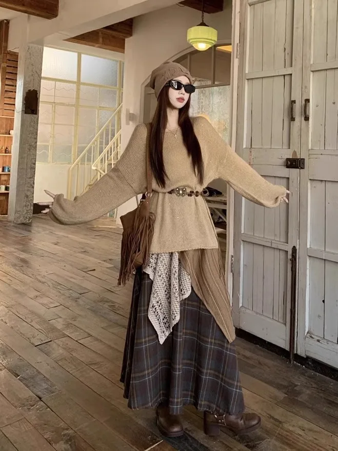

Bohemian Style Travel Dress Set Women's Fashion Spring Autumn Yunnan Chuanxi Dali Lijiang Lazy Style Skirt Three Piece Set