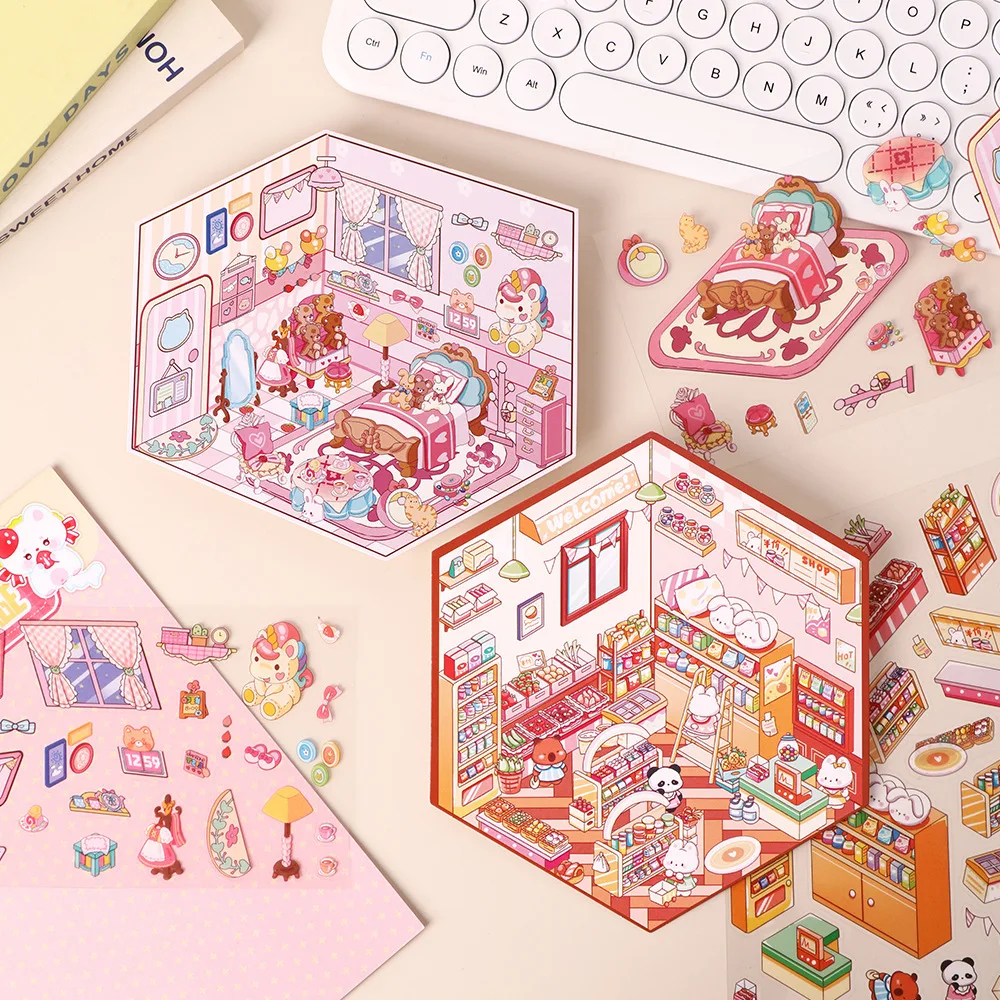 

Cute Miniature Scene 3D Landscaping Stickers Carttoon 3 Layers Cube House Visual Stacking Stickers Scrapbooking Gifts For Kids