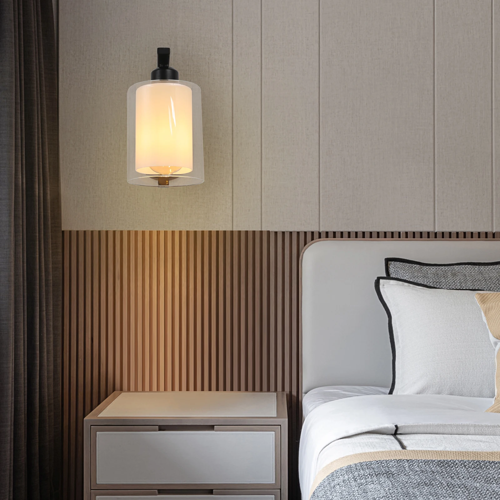 

Modern Bedside Iron Glass Wall Lamp, Wall Mount Black+Clear,Assembly Required Applicable 5-10m² for Bedrooms, Living Rooms