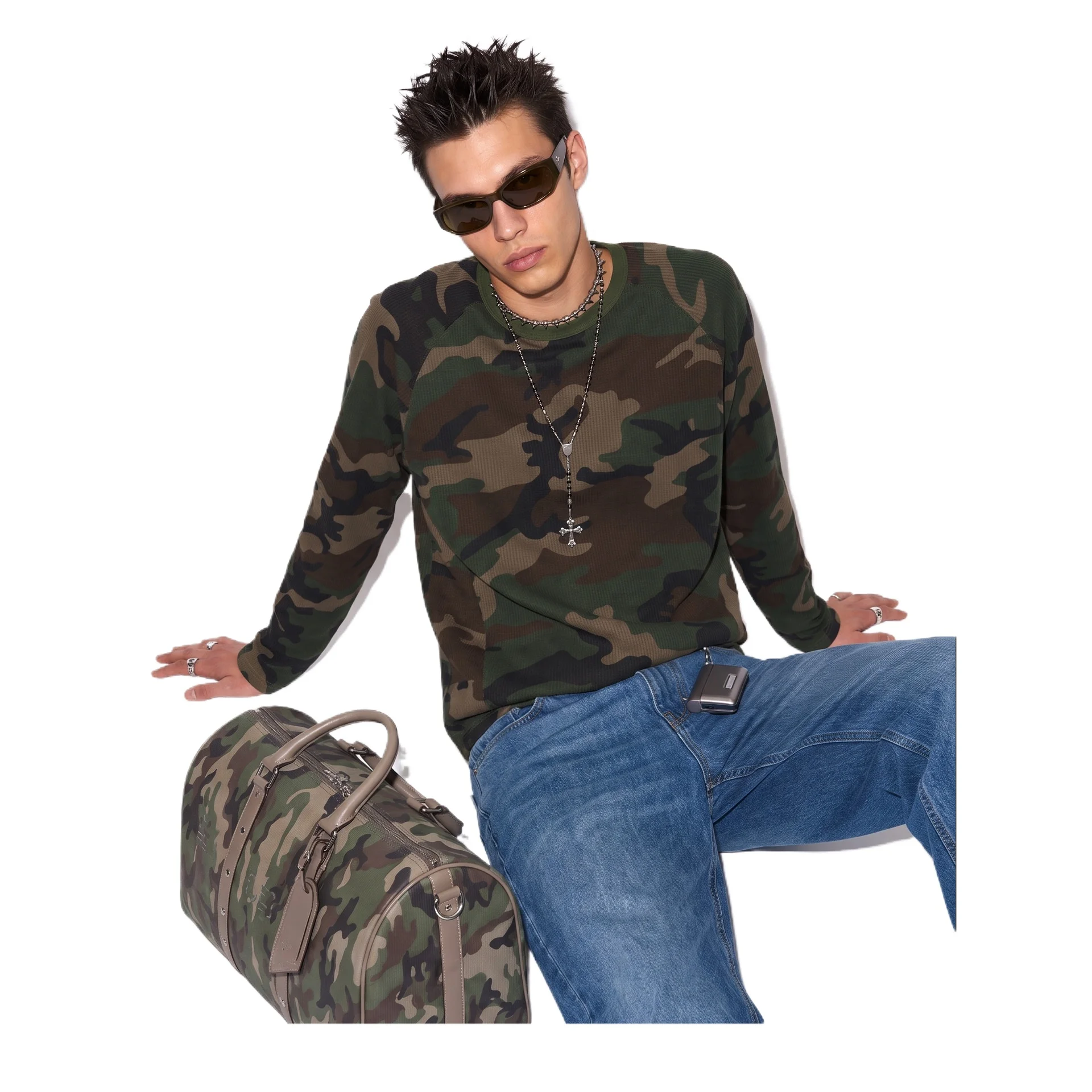 Street Trend Waffle Weave Camouflage Long Sleeve Tee Luxury Brand 2026 Autumn Release American Raglan‑Sleeve Casual Outerwear