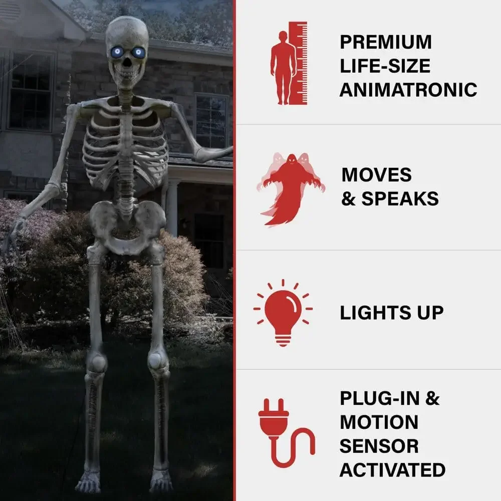 Haunted Hill Farm Activado por Movimiento de 8 pies. Esqueleto de remolcimiento alto, accesorio de susto parlante enchufable animatrónico para interior o exterior