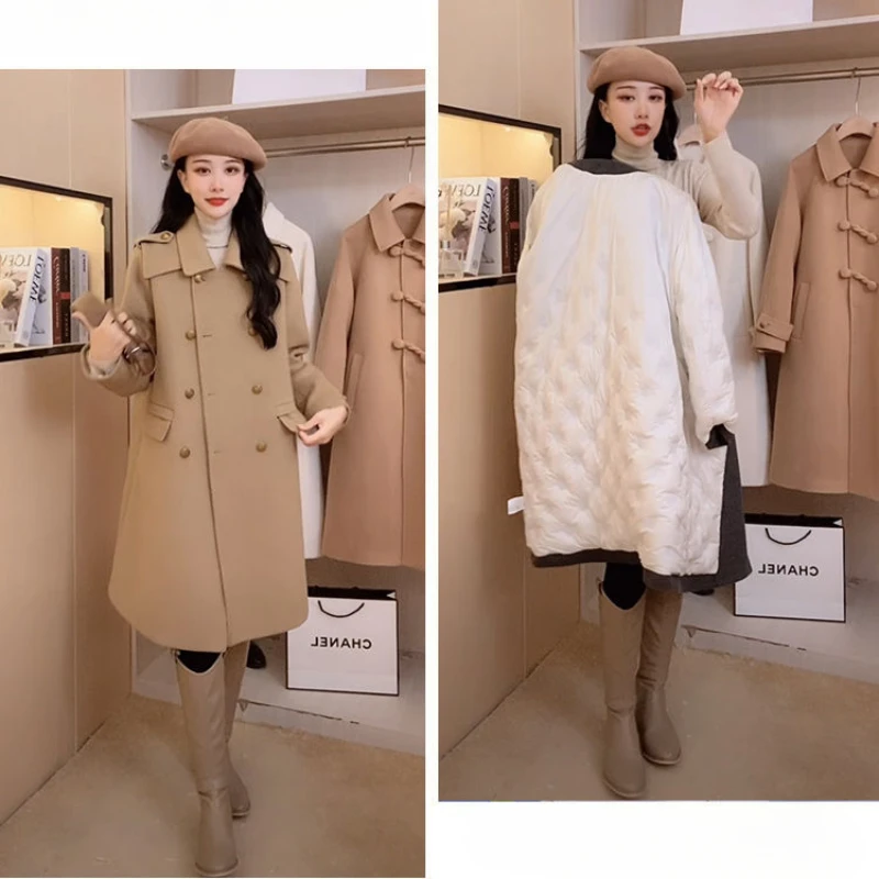 Women's Mid-Length Baggy Woolen Coat, White Duck Down, High Sense Down, Feather Liner, Warm Outwear, Female, Casual, New, Winter