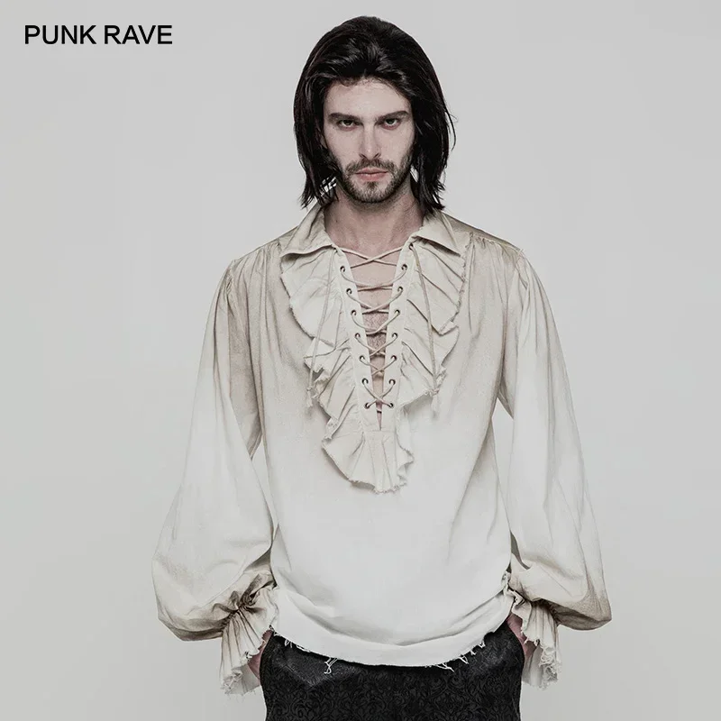 PUNK RAVE-Camisa solta de manga comprida masculina, top gótico, vintage, moda vitoriana, preta, cores brancas, roupa Steampunk