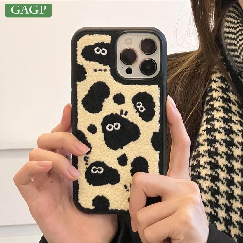 Korean Cute Fuzzy Plush Phone Case For iPhone 15 11 12 13 14 Pro Max XS Max X XR 14Pro 15Pro Kawaii Winter Soft Embroidery Cover