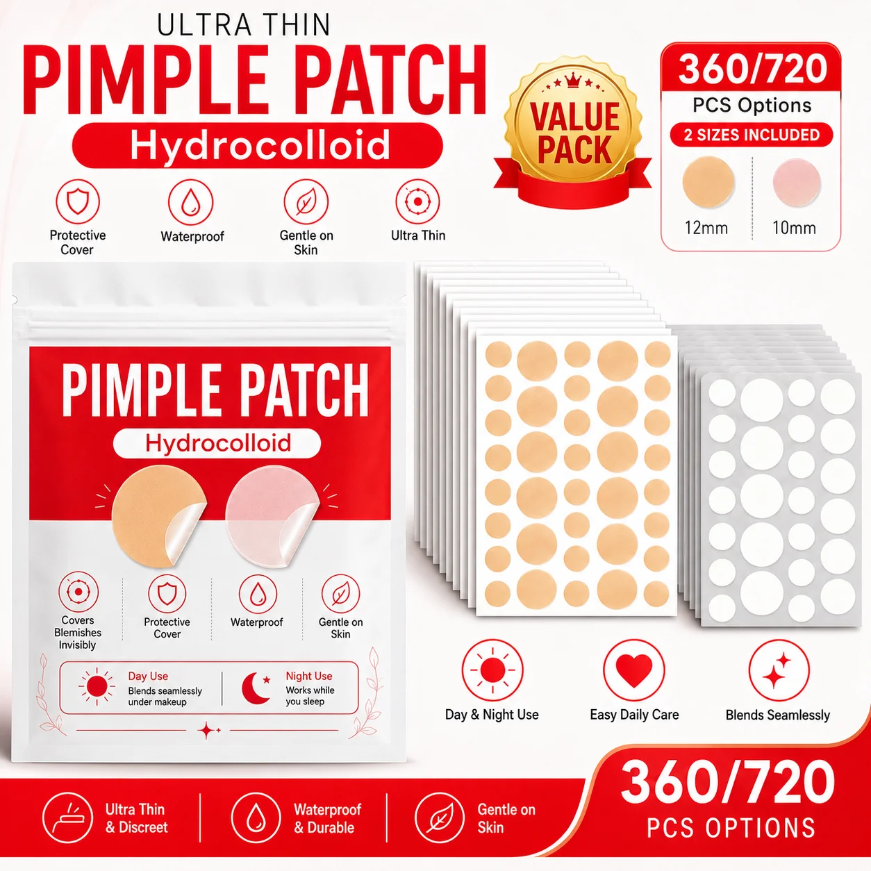 360/720Pcs Hydrocolloid Facial Concealer Patches, Nude & Clear 2 Shades, Invisible Blemish Cover Stickers, Day & Night Use