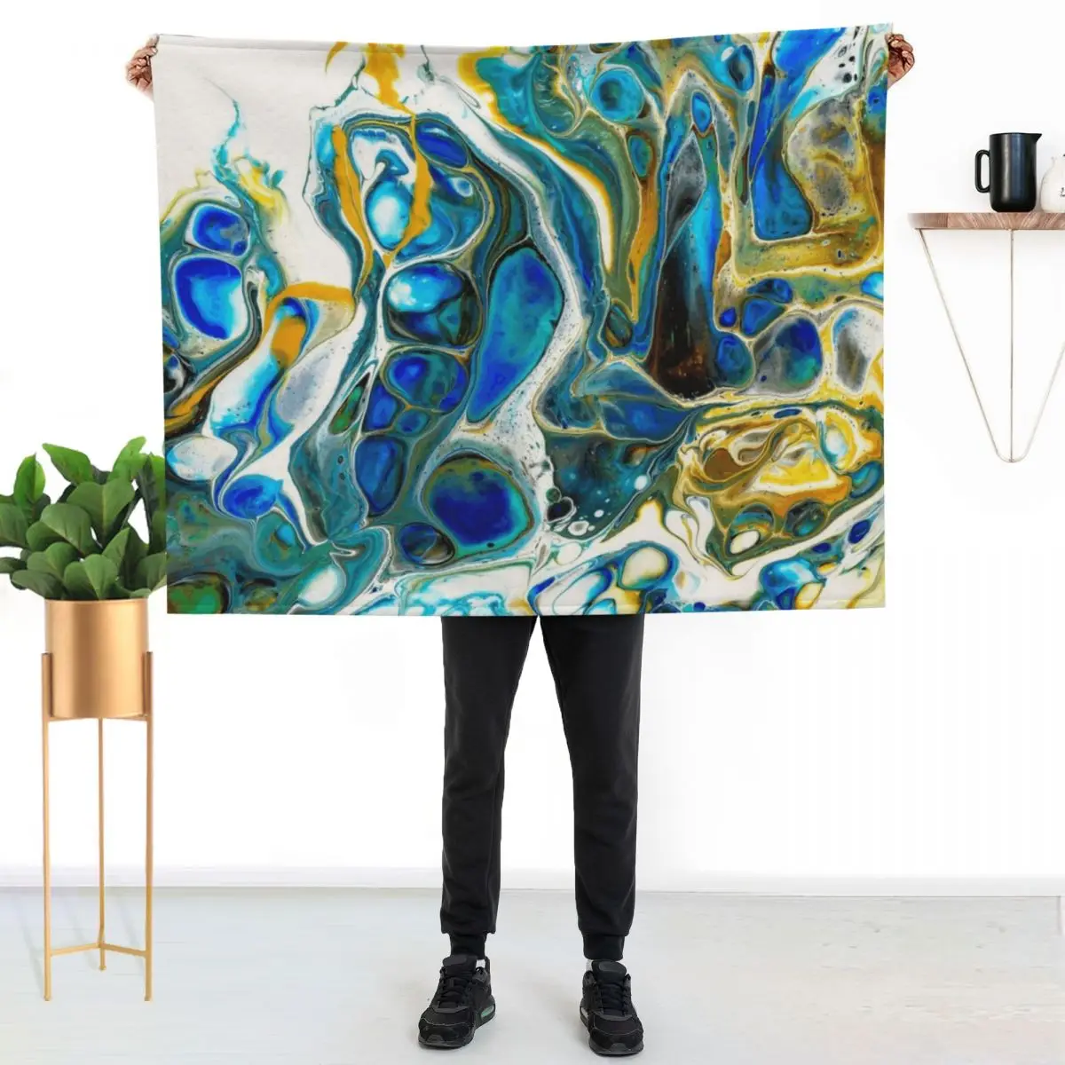 

Acrylic painting, acrylic on canvas, white-blue-gold Throw Blanket Multi Purpose Soft Warm Blanket for Home Travel
