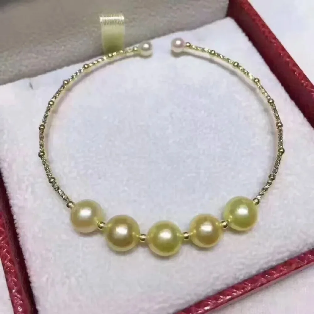 

Fashion Pearl Bracelet AAA+9-10mm Natural South Sea Round Gold Pearl Bracelet 7.5-8 inch 14k