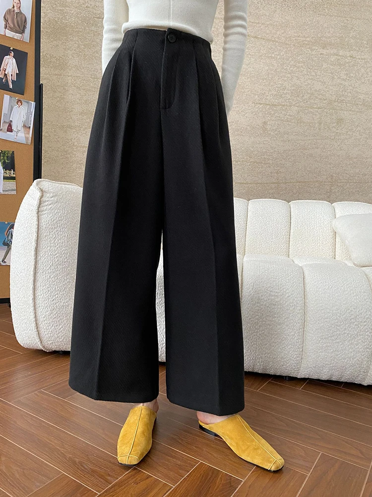 [EAM] High Waist Coffee Pleated Long Thick Wide Leg Woolen Pants New Trousers Women Fashion Tide Autumn Winter 2024 1DH7872