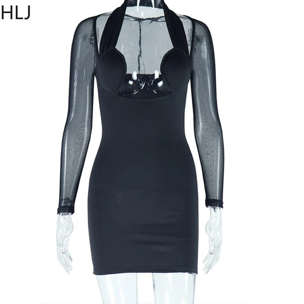 Hlj Zwarte Sexy Mesh Holle Splitsing Bodycon Mini Jurken Vrouwen Halter Lange Mouw Open Rug Slanke Vestidos Mode Club Kleding