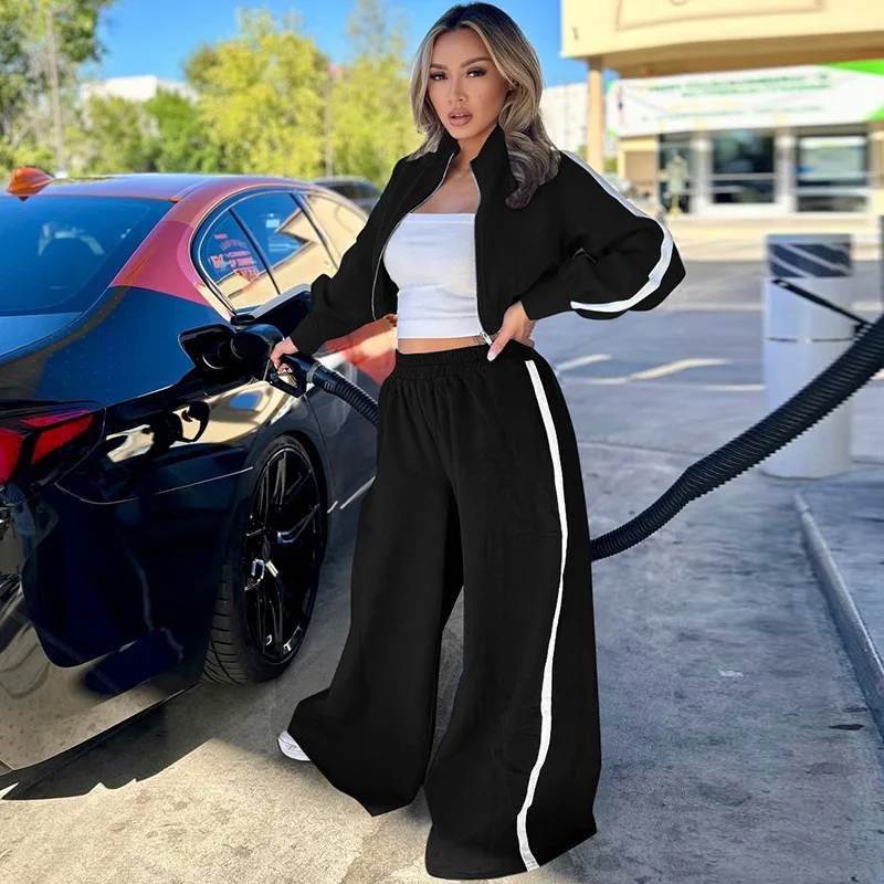 

Active Wear Women 2 Piece Tracksuit Long Sleeve Zipper Wide Leg Pants Outfits Casual Streetwear Loose Sport Two Piece Set