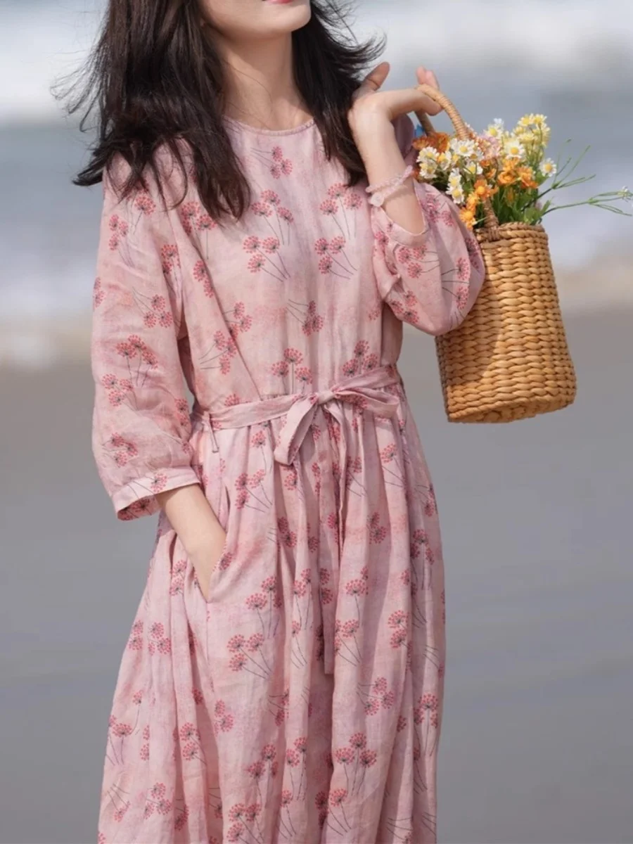 Dames été nouveau Sle décontracté coton lin Dr plage vacances jupe t-shirt quart Sve Maxi Dr imprimé fleuri coupe ample