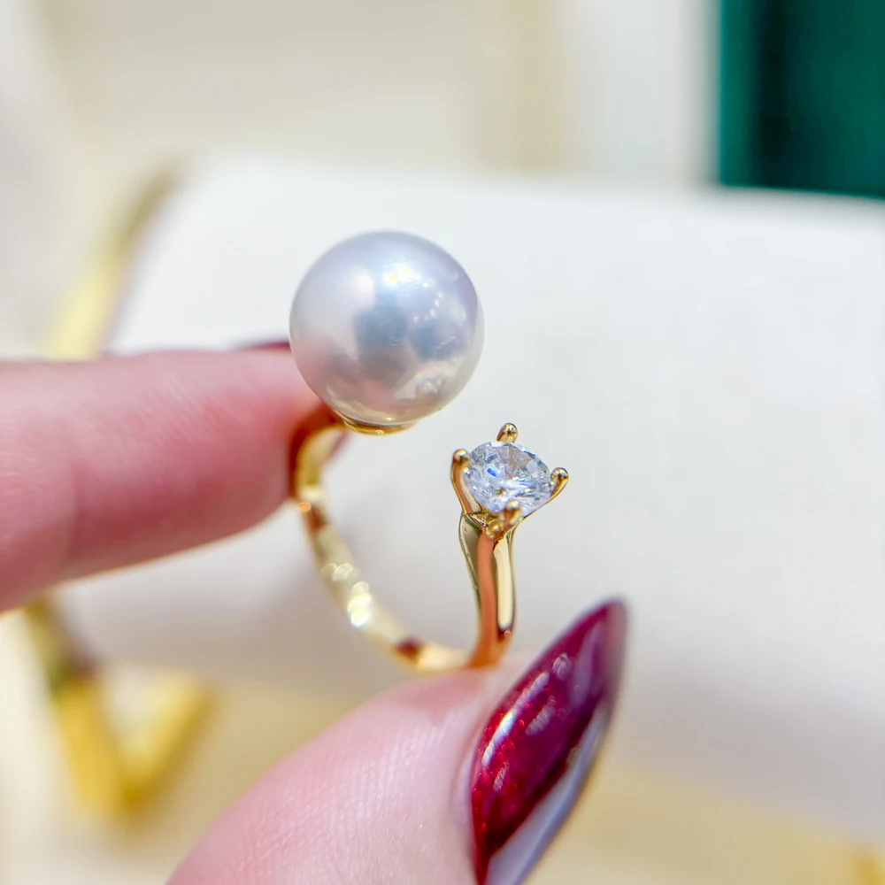 

3pcs DIY Pearl Accessories 925 Silver Pearl Ring Empty Holder, Fashionable Gold Silver Ring Holder with 10-13mm Round