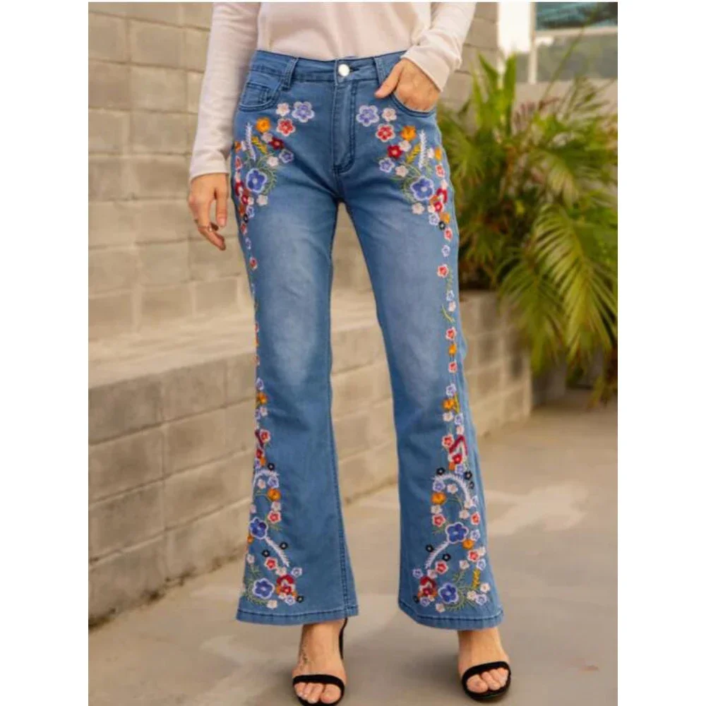 Women's Embroidered Slim Fitting Washed Denim Jeans, Flare Pants, Casual, Mid Waist, Fashion