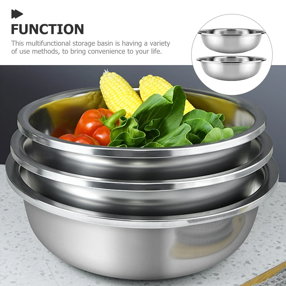 

2pcs Stainless Steel Basin Large Kitchen Washing Basin For Vegetable Rice Mixing Heavy Duty Flat Bottom Household Metal Bowl