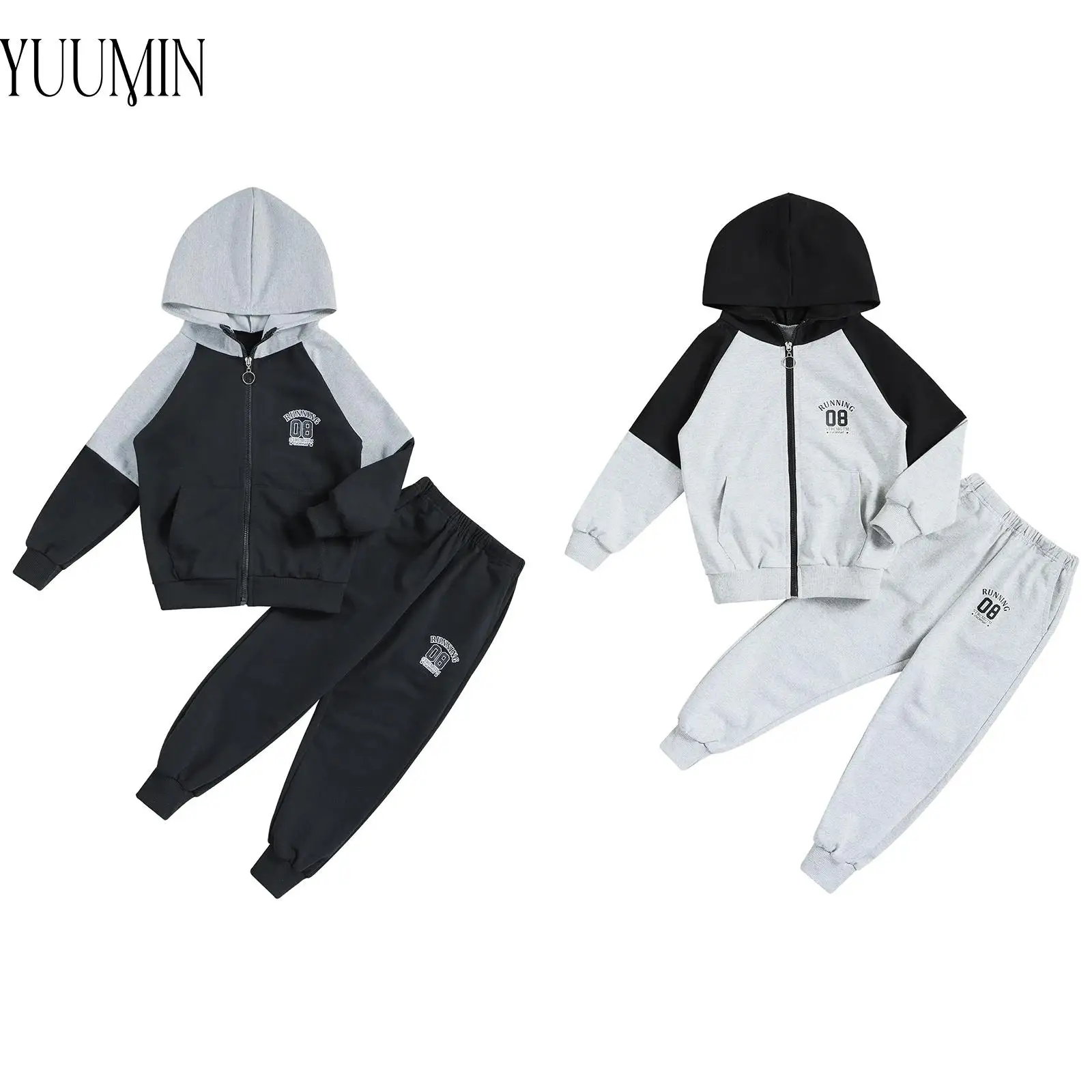 

Kids Boys Sportwear Casual Clothing Sets Spring Autumn Color Block Zipper Hooded Sweatshirt Coat+Long Pants Outfit for Jogging