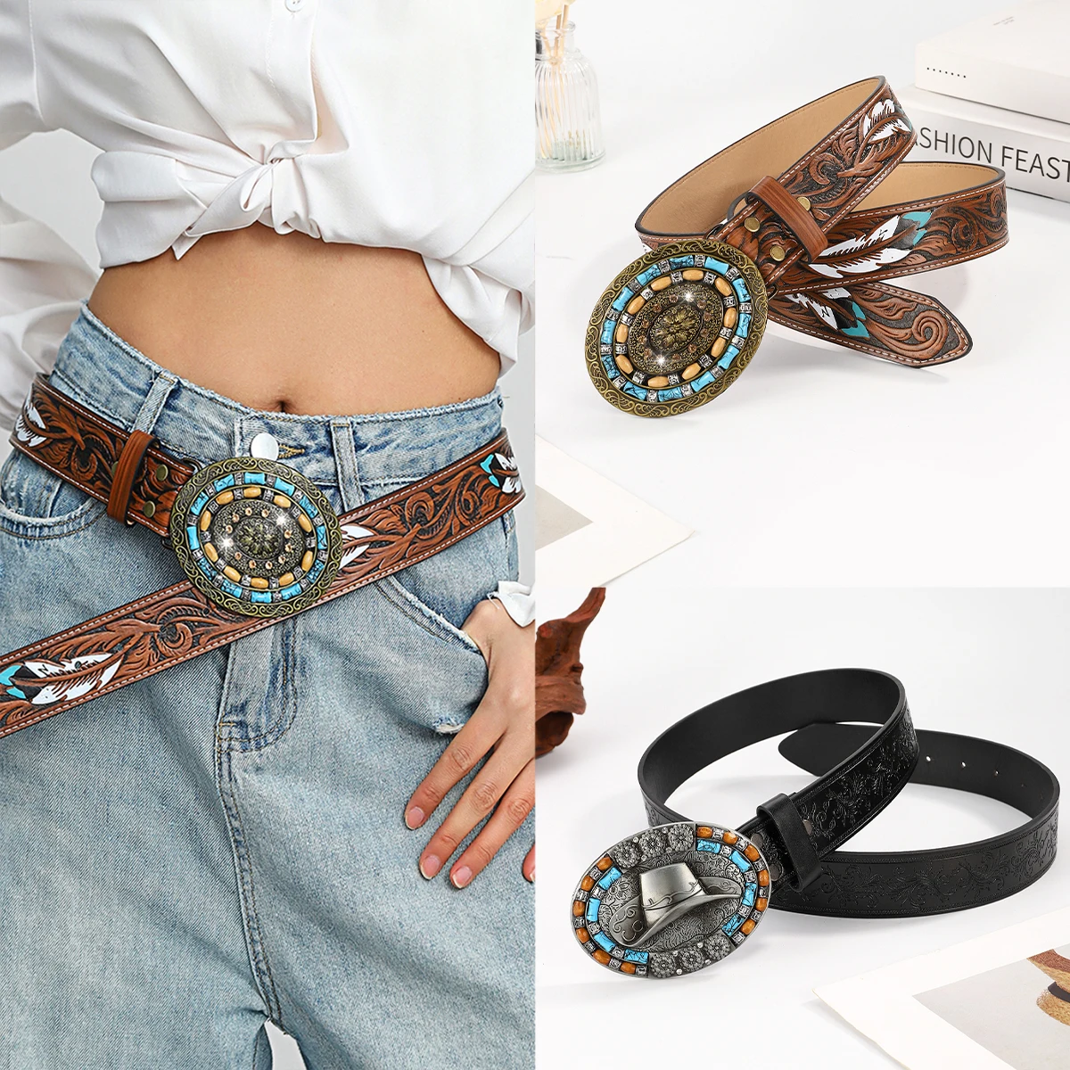 Warehouse Western Belt - Rustic Brown Faux Leather, Turquoise Feather and Floral Embossed, Alloy Buckle - Perfect for Jeans, Dre