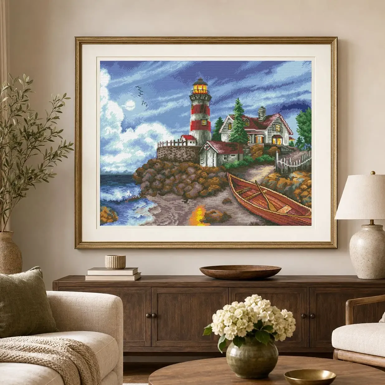 [CC5897-Coast Lighthouse]Stamped Cross Stitch Kit for Adults and Kids, Easy Pre-Printed Canvas with Cotton Threads and Needles,