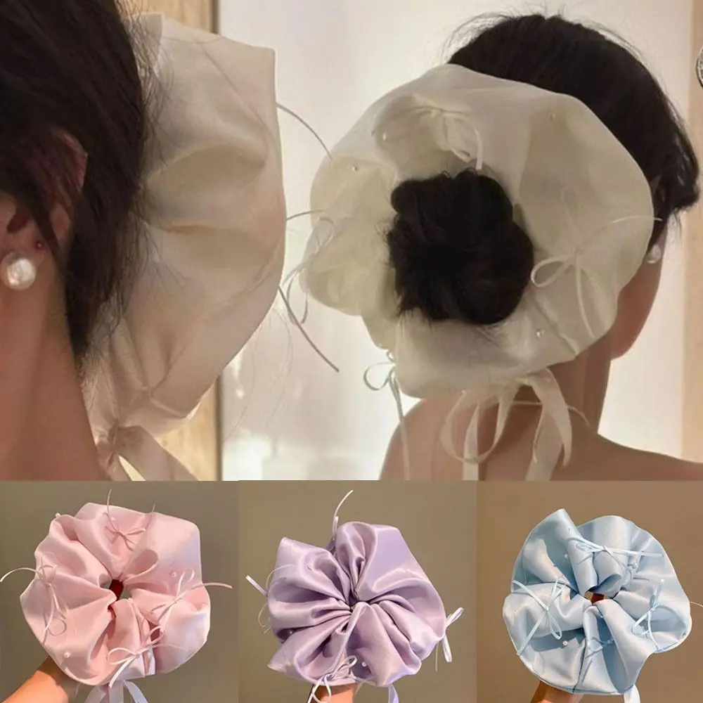 

Kawaii High Elasticity Blue Bow Hair Ties Handmade Pink Color Hair Scrunchie Satin Headwear