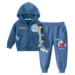 2024 Winter New Fleece Children's Set Cartoon Dinosaur Boys Tracksuit Long Sleeve Hooded Jacket + Pants Zipper Coat Kids Outfit