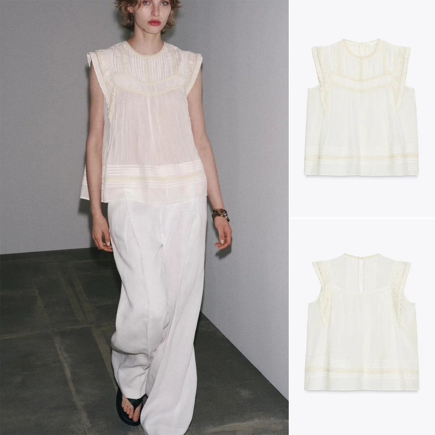 

Fall 2025 New Arrival Sleeveless round Neck Embroidered Viscose Blend Shirt Color Block Decoration Straight Cut Polyester Fabric