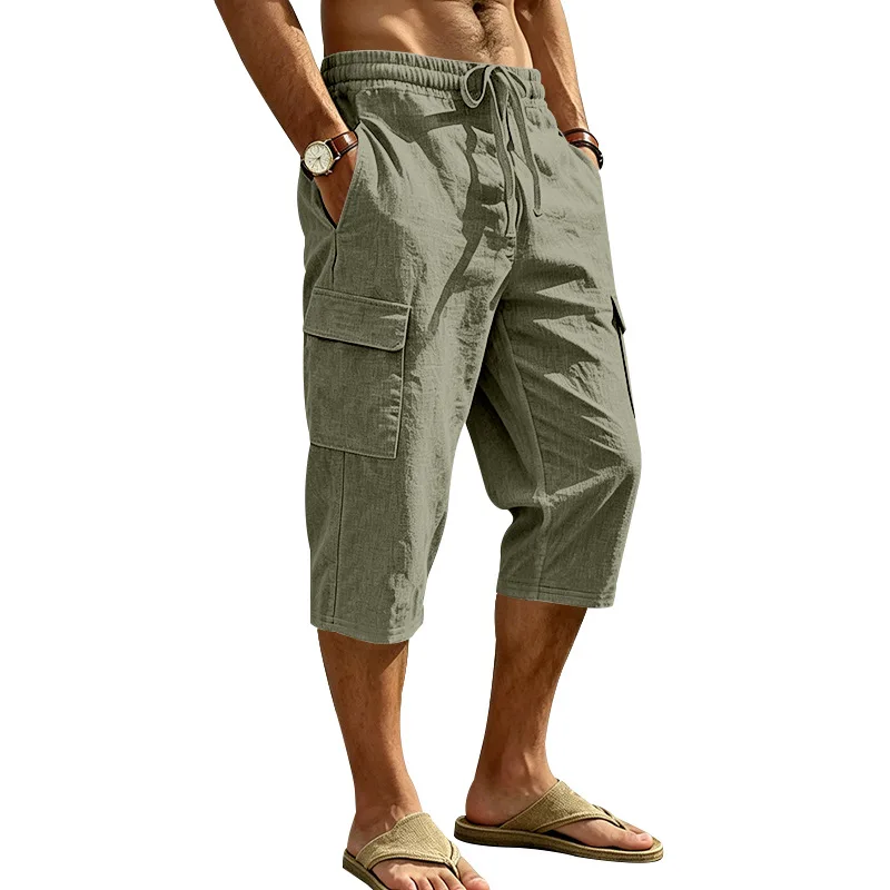 Europäische und amerikanische Sommer-Shorts aus Leinen für Herren, lässig, Outdoor, Arbeitskleidung, Pendler, Sport, Multi-Pocket, 7/8-Länge – Detail 21