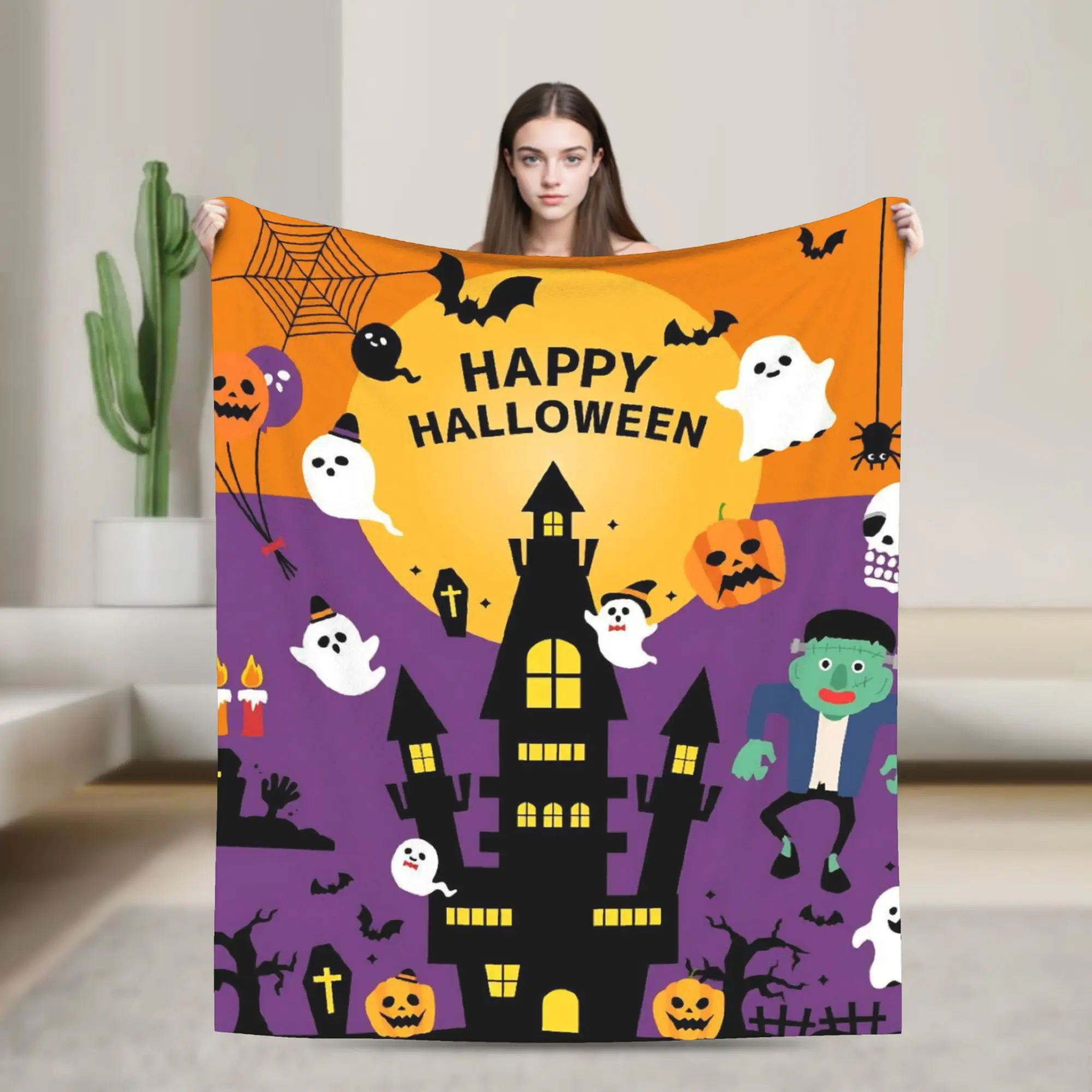 Happy Halloween Fleece Throw Blankets Cute Ghost Blankets for Sofa Couch Super Soft Bedding Throws