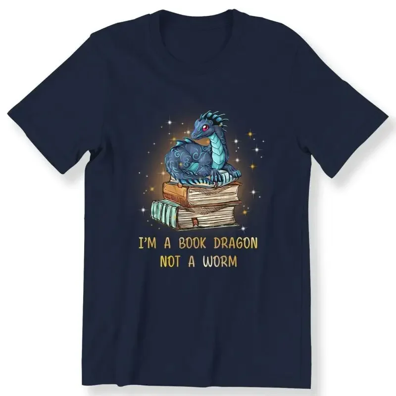 

Book Dragon Not Worm Funny Reading Graphic Tee Soft Cotton Crew Neck T-Shirt for Book Lovers