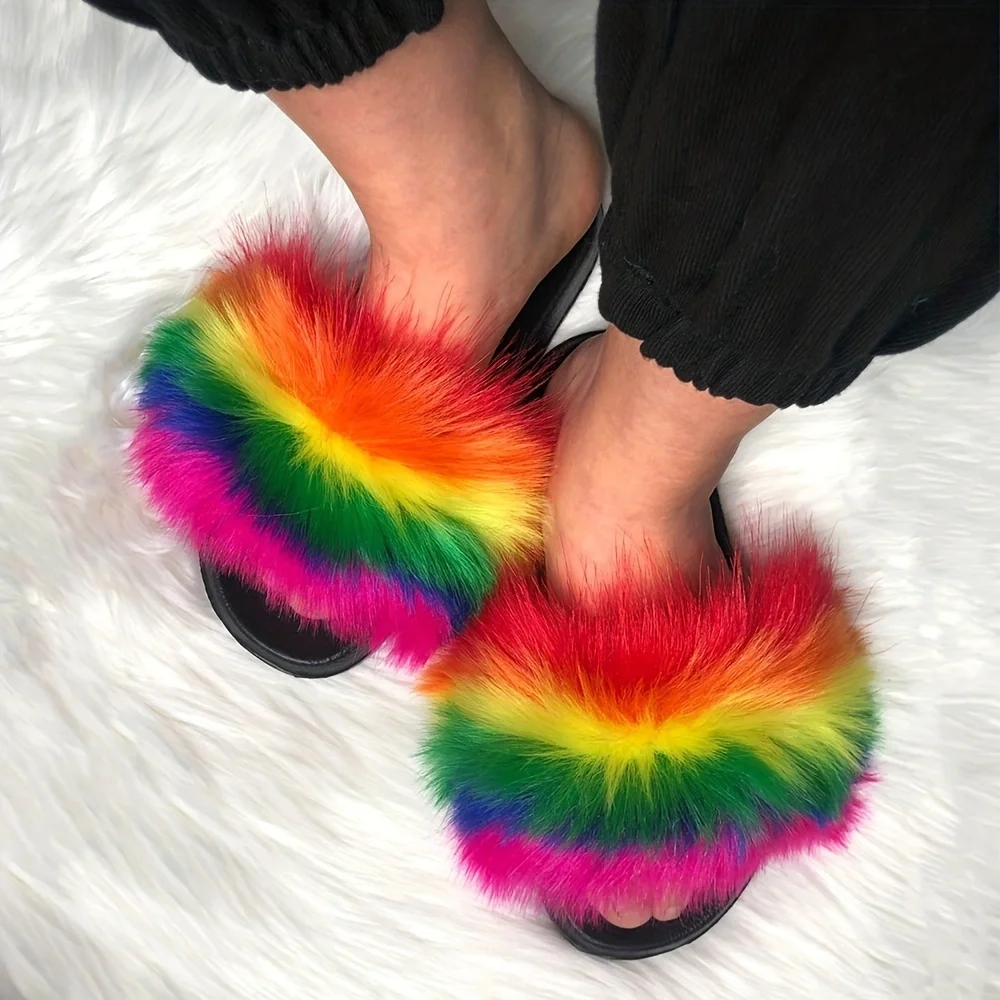 Women\'s Summer Rainbow Faux Fur Slippers Thick Non-slip Soles Breathable Home Fur Slides Outdoor Flip Flops Fuzzy Sandals