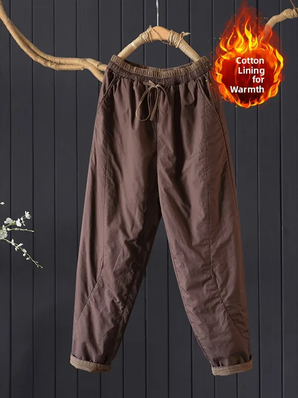

Утепленные хлопковые брюки-харлан для женщин больших размеров, зимние теплые брюки, однотонные хлопковые брюки с поясом, повседневные брюки с высокой талией.