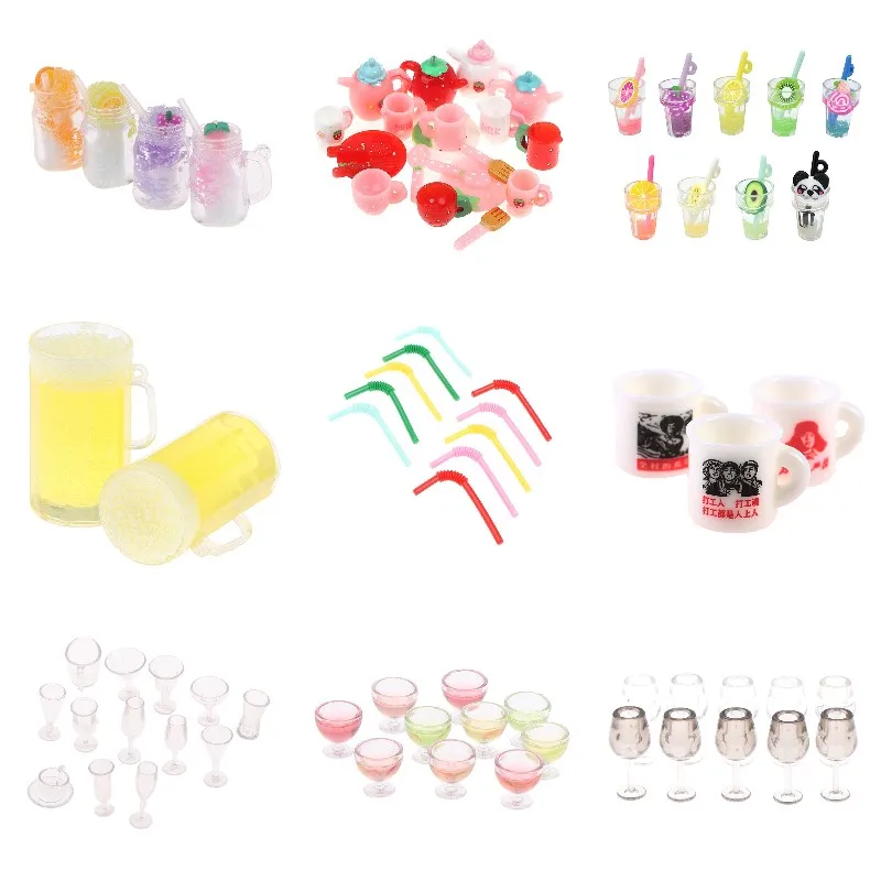 1:12 Dollhouse Miniature Shaved ice Mug Mini Drinks Water Cup Coffee Cup Wine Glass Tableware Drinking Straws Kitchen Decor Toy