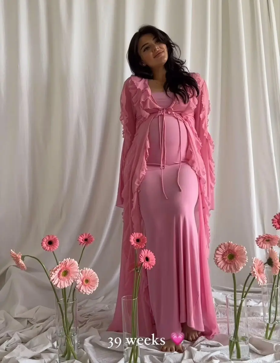 

Sexy 2 Pcs Skirt Set Women Pregnant Prom Dress For Photo Shoot Pink Bridal Morning Robe Customized Tiered Long Party Gown
