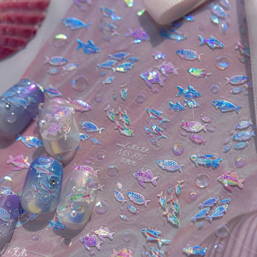 5Dメタルフィッシュネイルアートステッカー、小さな魚群、波、夏のビーチ、セルフ接着デコレーション、マニキュアデカールDIY