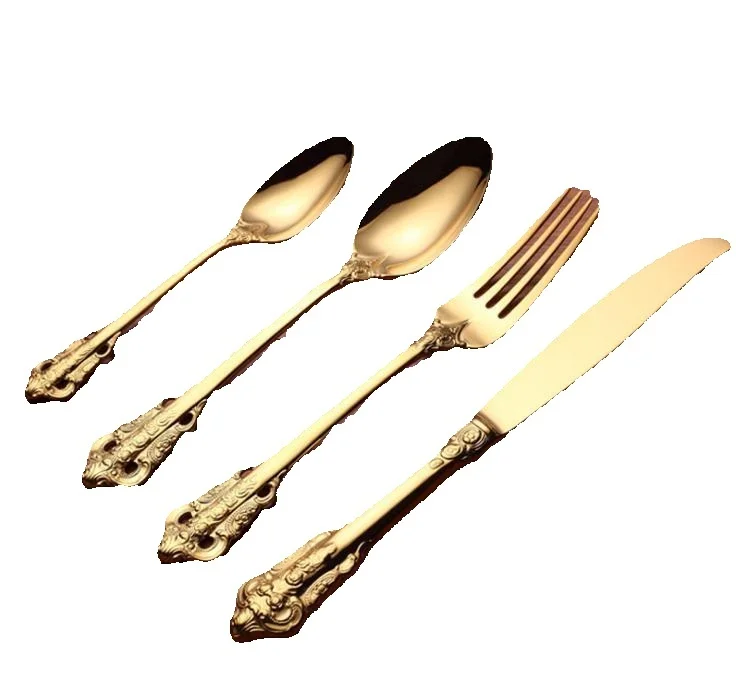 Vintage Western Gold Plated Dinnerware Dinner Fork Knife Set Golden Cutlery Set Stainless Steel 4pcs Engraving Tableware