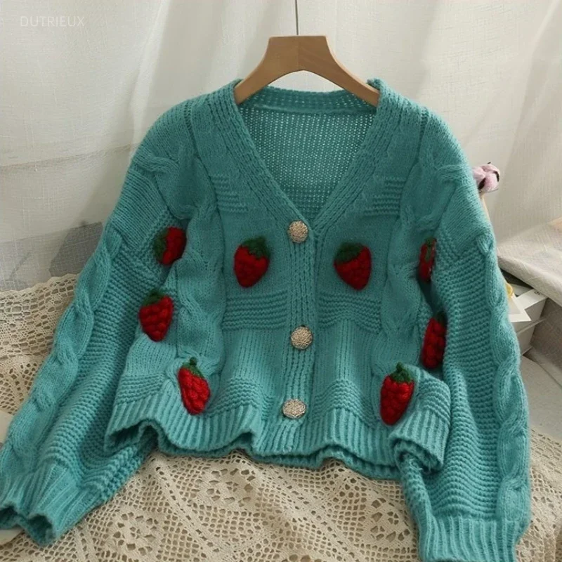 Sweet Cardigan Coats 3D Strawberry Fashion Sueter Mujer Long Sleeve Loose Knitting Sweater Tops Pull Femme Women's Clothing 2026