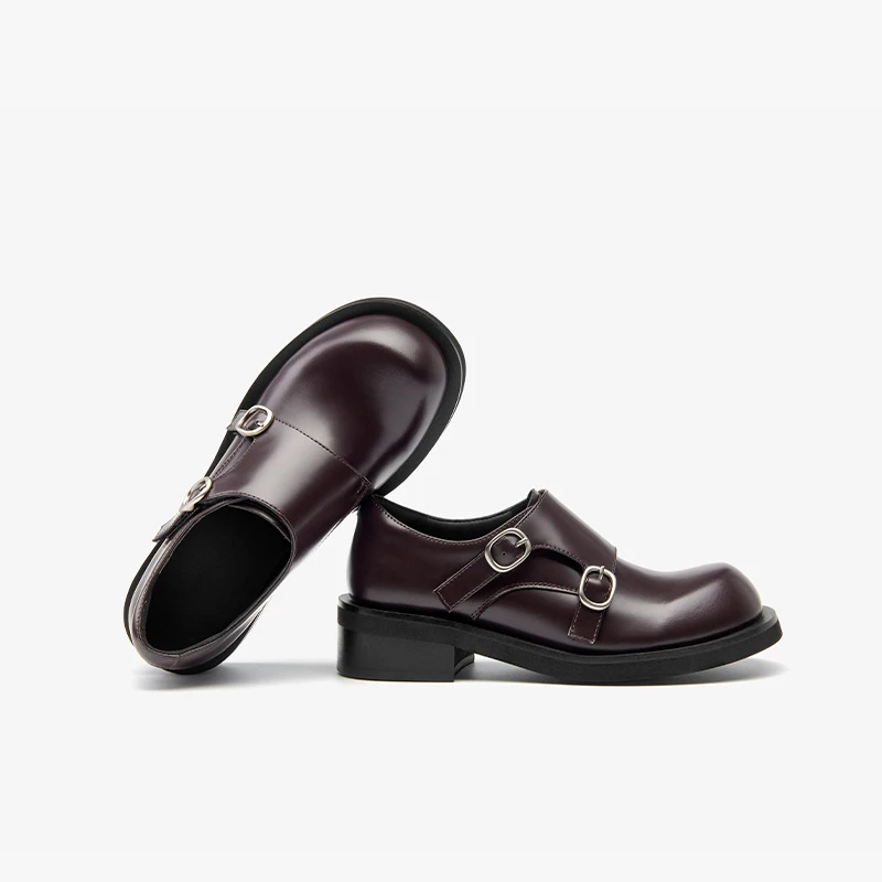 BEAUTODAY Flats Mengke Women Buckle Belt Genuine Leather Round Toe Large Head Ladies British Style Shoes 27937